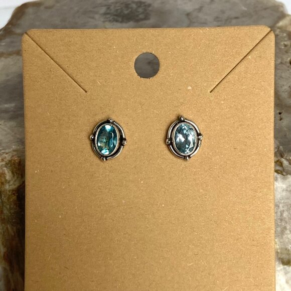 Sterling Silver 925 Dainty Bezel Set Oval Blue Cubic Zirconia CZ Stud Earrings - Picture 1 of 16